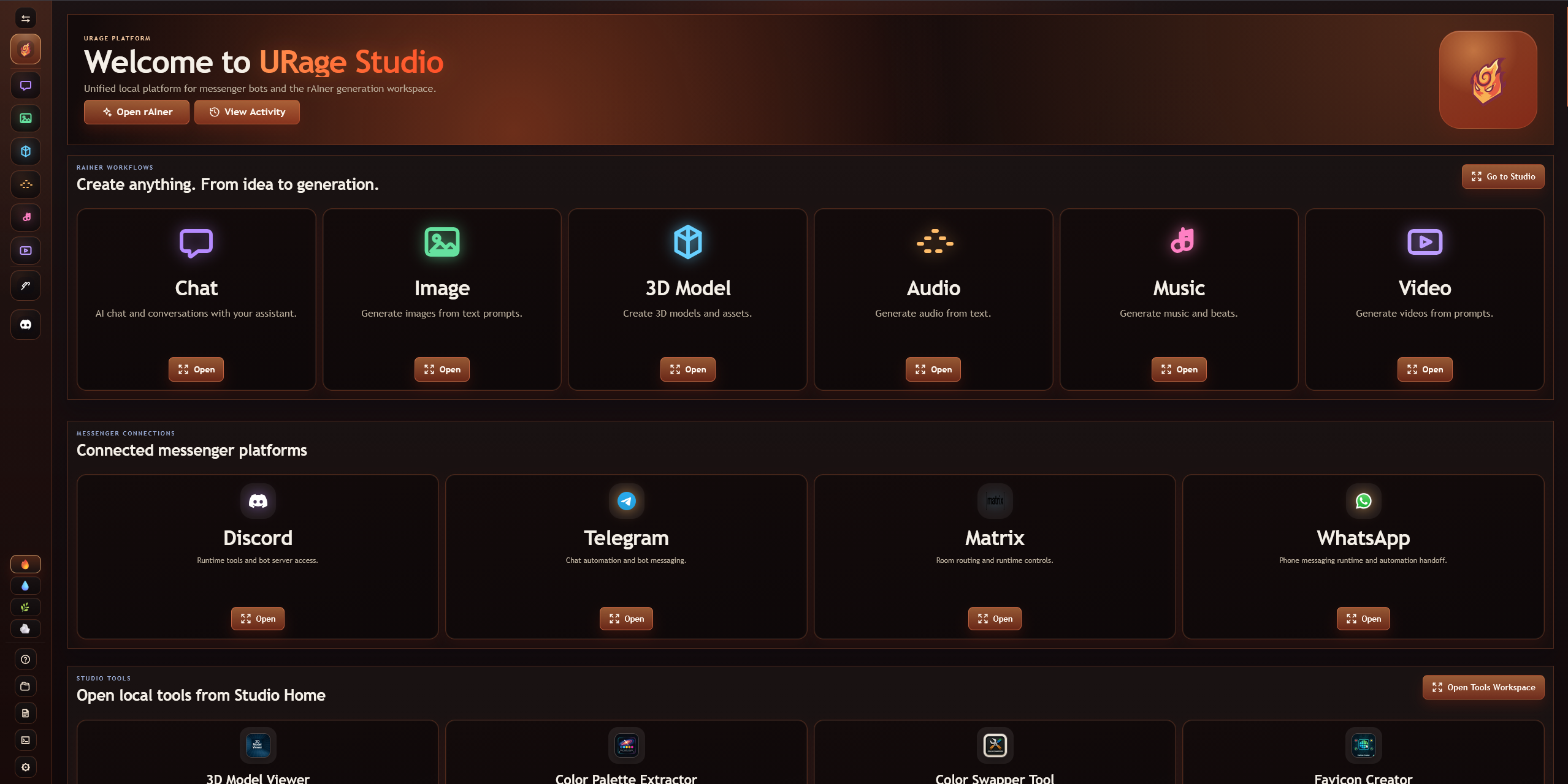 STUDIO dashboard showing Chat, Image, 3D Model, Audio, Music, Video, messenger integrations, and tools.